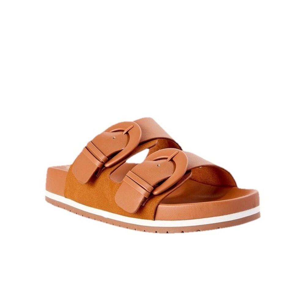 Caramel Cognac Strappy Sandals Womens 8 Time & Tru Slip On Footbed Buckle Slides